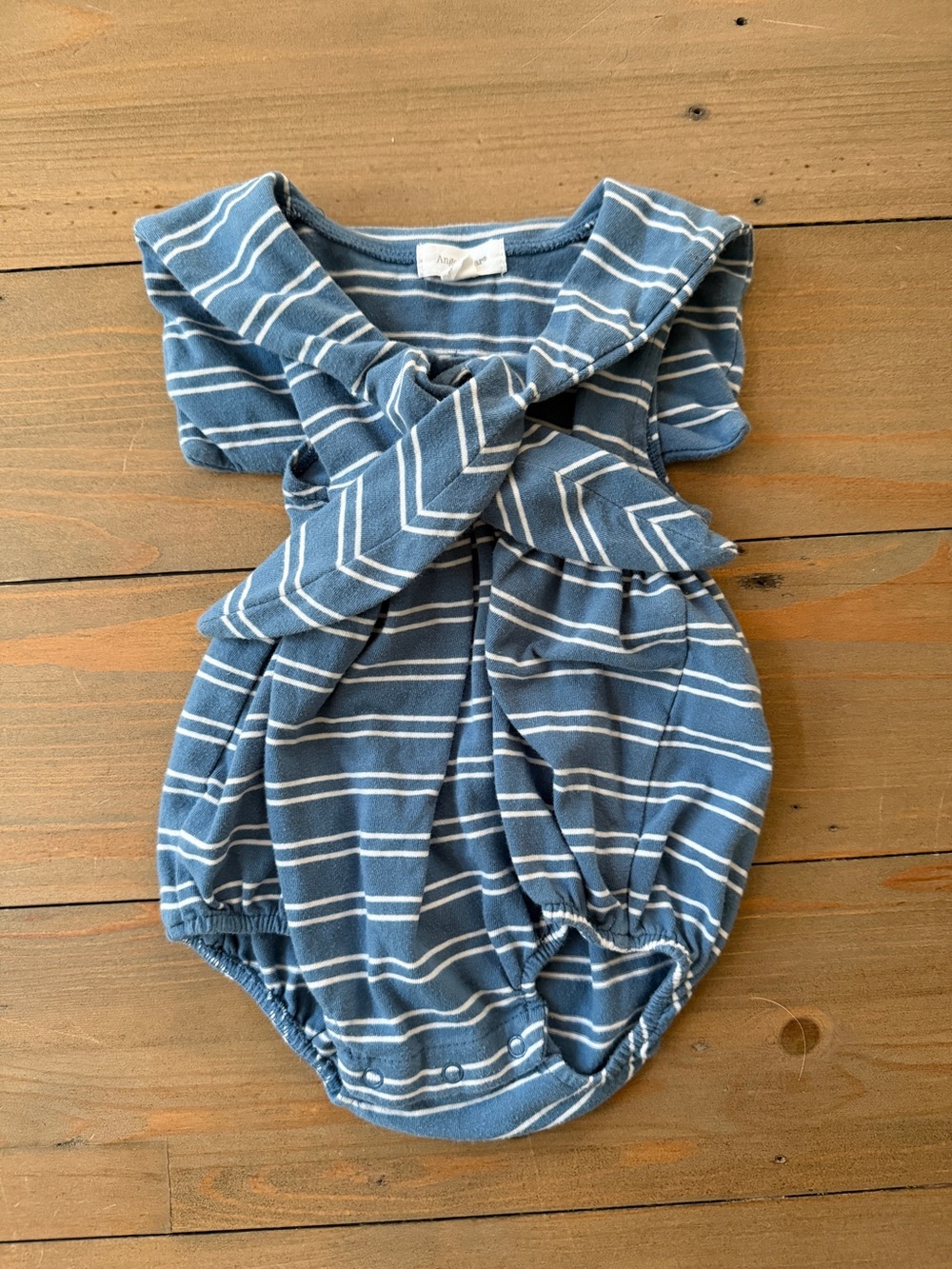 Angel Dear Organic Cotton Striped Blue Baby Romper with Knot Detail - 3-6 Months